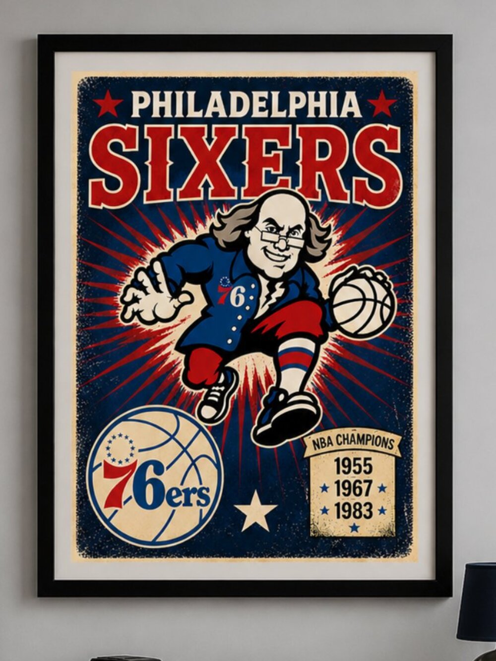 Philadelphia Sixers Ben Franklin Framed Wall Art | 13x19 Vintage 76ers Decor